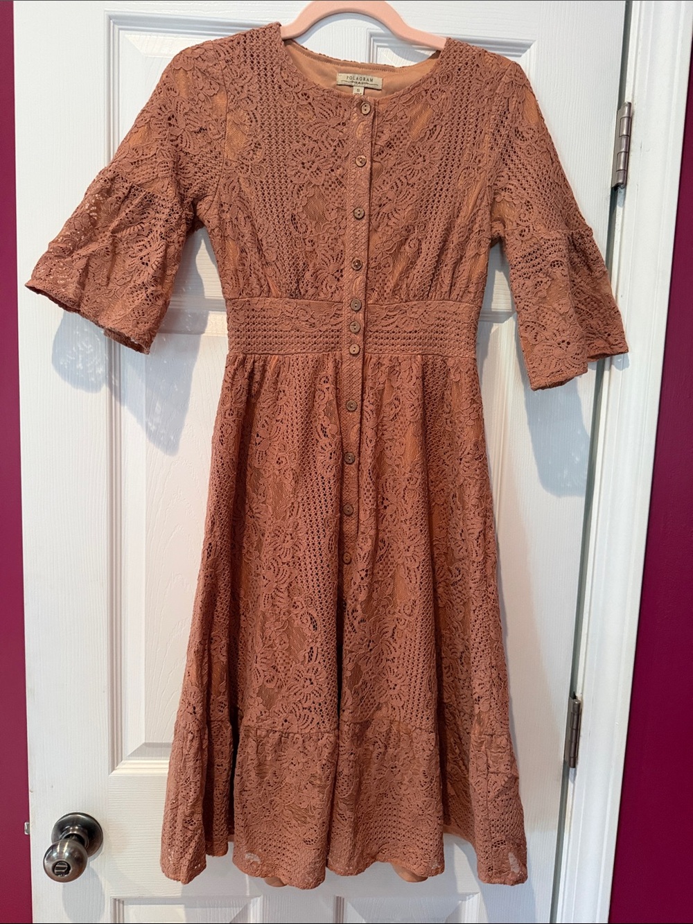 Polagram Rust Lace Button-Front Midi Dress